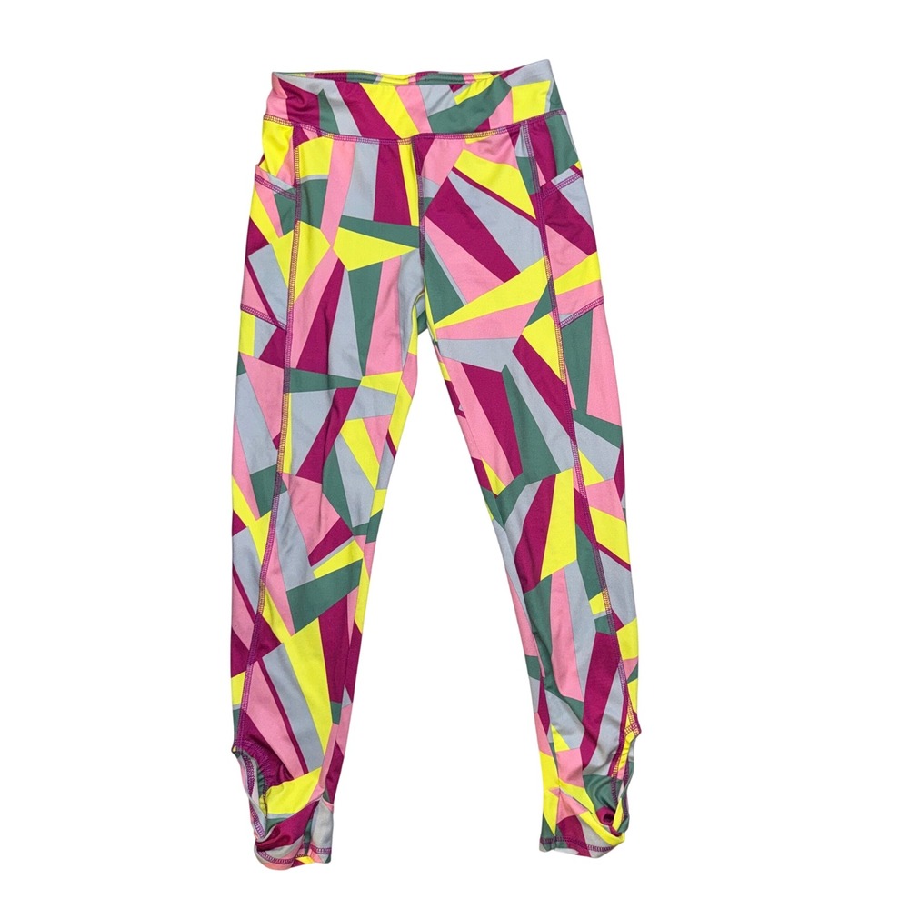 Lands End Geometric Active Leggings Multicolor Large 10/12 Ruched Ankle Pockets